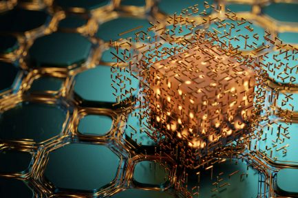 Technological abstraction in steampunk style. Blockchain technology. The concept of a quantum computer. Abstract technological background from blocks.Quantum computing. Qubit. 3d render.