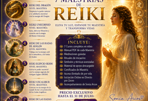 PACK DE LAS 7 MAESTRÍAS DE REIKI: KARUNA, EGIPCIO, LUNAR, REIKI DE LAS HADAS, REIKI UNICORNIO, REIKI DEL DRAGÓN Y REIKI EXCALIBUR – ANTES: 195€ – AHORA:  95 – HASTA EL 31 DE JULIO€