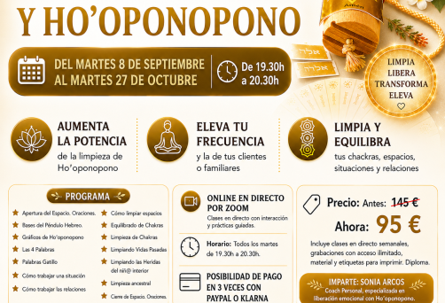 ¡¡EMPEZAMOS EL MARTES 8 DE SEPTIEMBRE!! – FORMACIÓN ONLINE EN DIRECTO POR ZOOM DE PÉNDULO HEBREO CON HO’OPONOPONO – DEL MARTES 8 DE SEPTIEMBRE AL MARTES 27 DE OCTUBRE DE 2026 – DE 19.30H A 20.30H – PRECIO ESPECIAL: 95 € – PUEDES PAGAR EN 3 VECES CON KLARNA