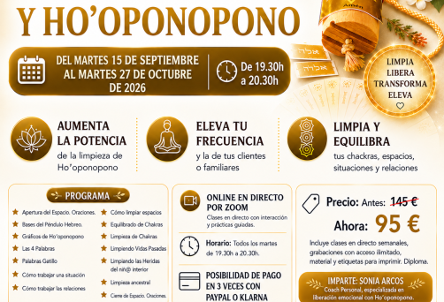 ¡¡EMPEZAMOS EL MARTES 15 DE SEPTIEMBRE!! – FORMACIÓN ONLINE EN DIRECTO POR ZOOM DE PÉNDULO HEBREO CON HO’OPONOPONO – DEL MARTES 15 DE SEPTIEMBRE AL MARTES 27 DE OCTUBRE DE 2026 – DE 19.30H A 20.30H – PRECIO ESPECIAL: 95 € – PUEDES PAGAR EN 3 VECES CON KLARNA